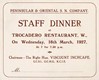 Card from a P&O staff dinner held at Trocadero Restaurant on 16th March 1927.