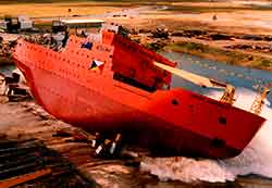AURORA AUSTRALIS being launched in 1989 as an antarctic research and supply vessel, for P&O Polar Australia 